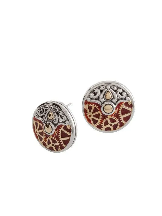 Anvil Collection - Gears of Time Edition - Round Post Clip Gear Carnelian Earrings by John Medeiros