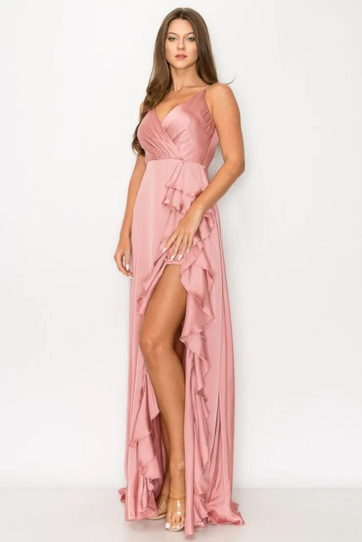 Charlize Satin Cascading Ruffle Maxi