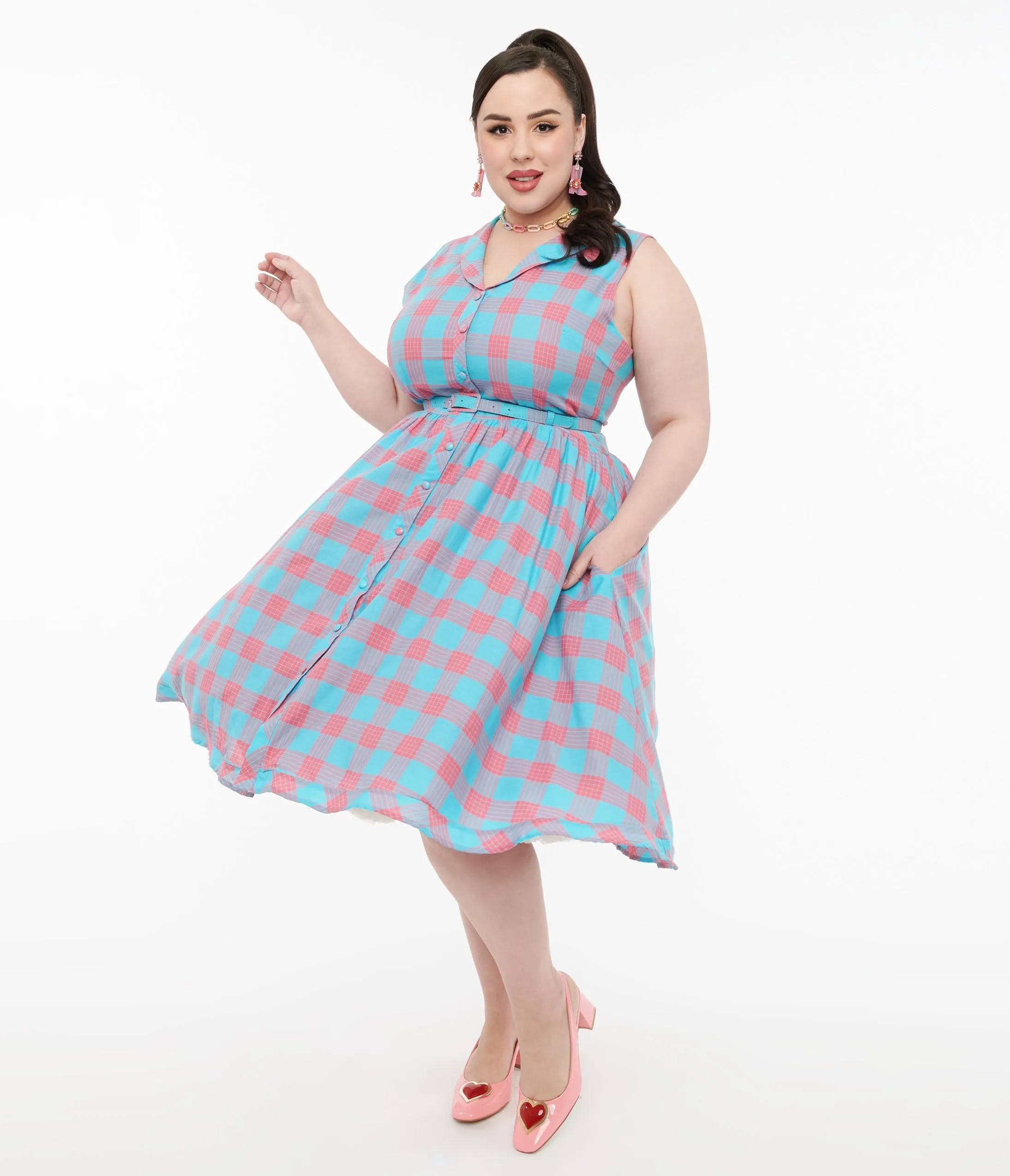 Dolly & Dotty 1950s Pink & Blue Gingham Cotton Swing Dress