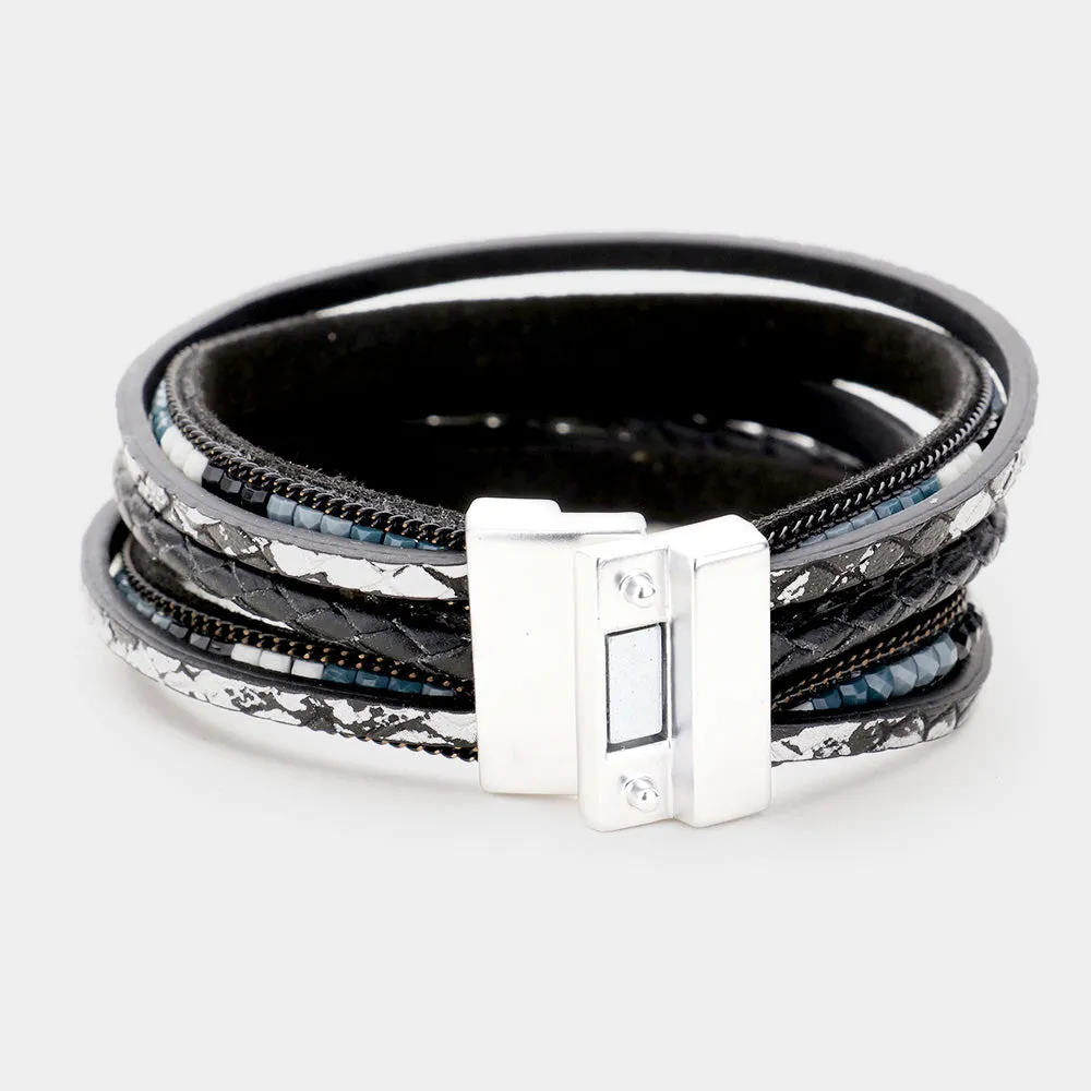 iLLASPARKZ Faux Leather Beaded Layered Magnetic Bracelet