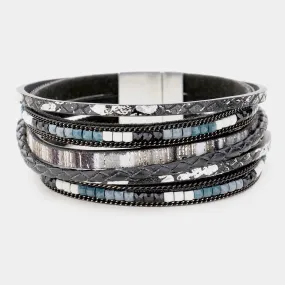 iLLASPARKZ Faux Leather Beaded Layered Magnetic Bracelet