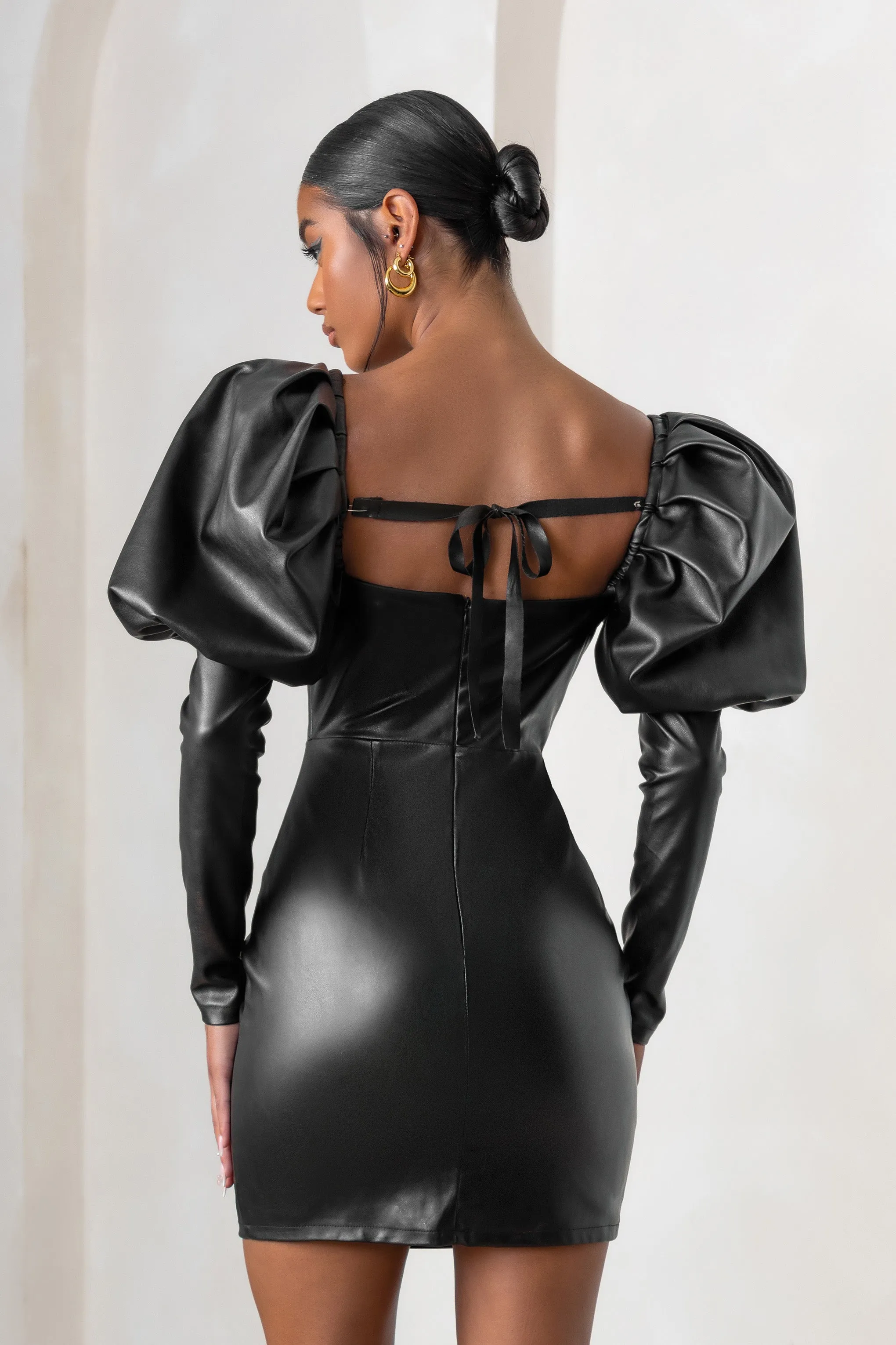 Karyme | Black Faux Leather Puff Sleeve Mini Dress With Corset Detail