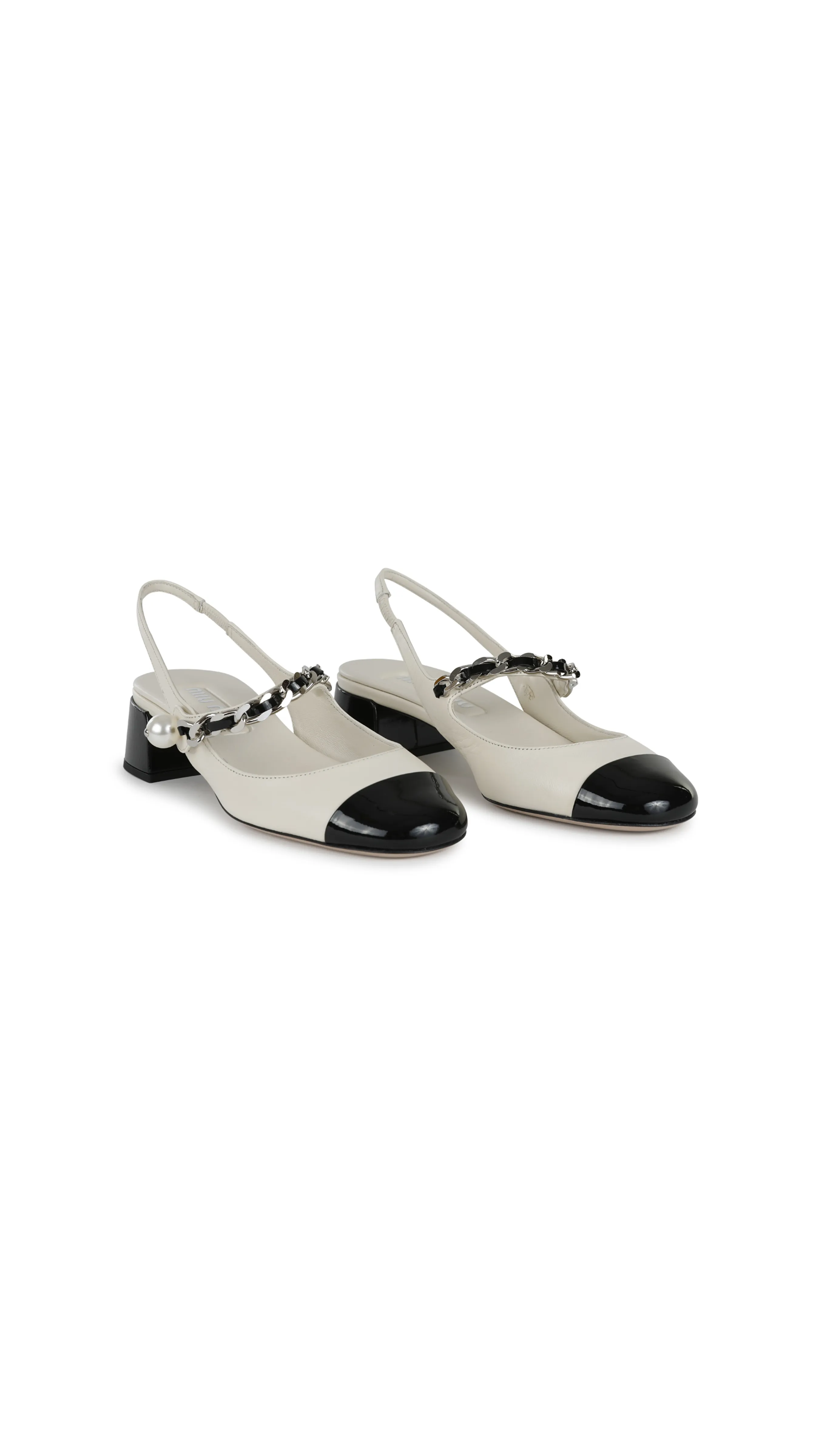 Leather And Patent Leather Slingback Pumps - Ivory/Black