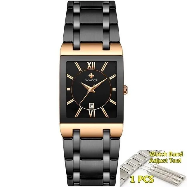 Luxury Fashion Men's Gold Black Square Waterproof Quartz Watches