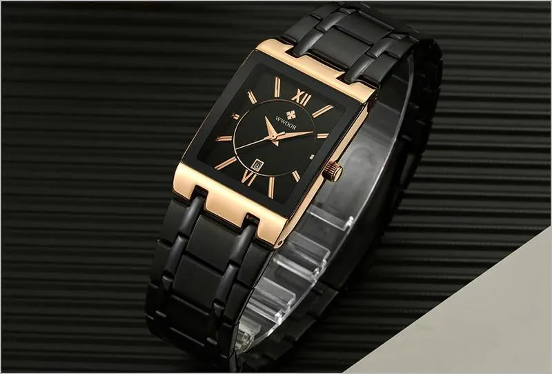 Luxury Fashion Men's Gold Black Square Waterproof Quartz Watches