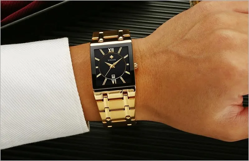 Luxury Fashion Men's Gold Black Square Waterproof Quartz Watches