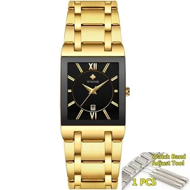 Luxury Fashion Men's Gold Black Square Waterproof Quartz Watches