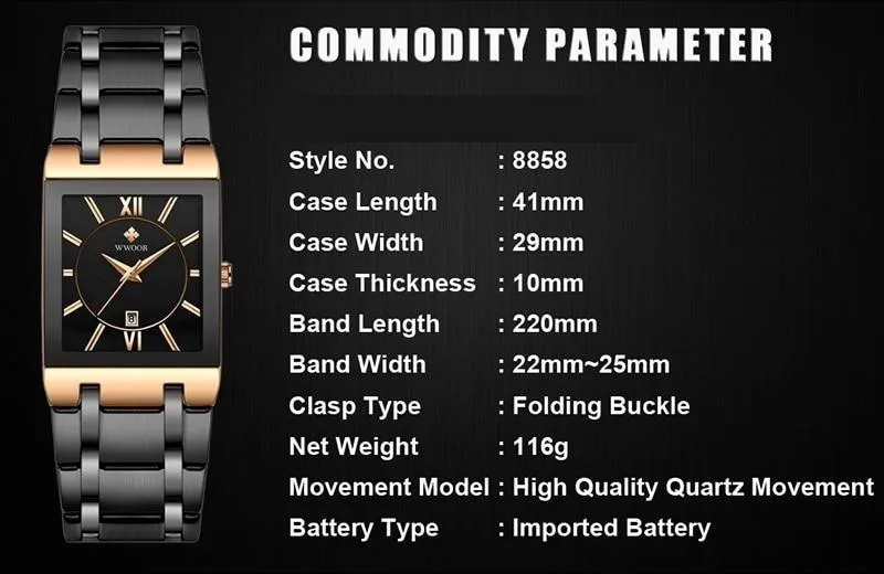 Luxury Fashion Men's Gold Black Square Waterproof Quartz Watches