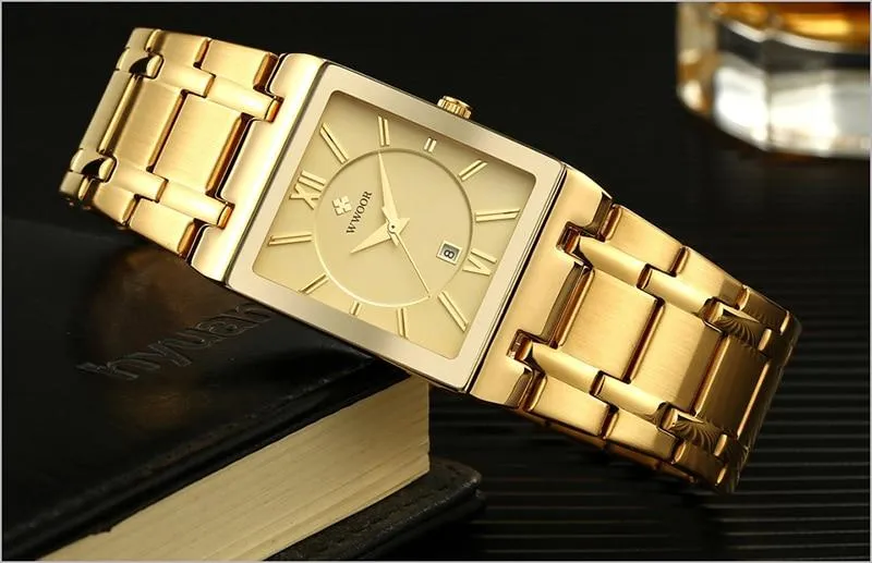 Luxury Fashion Men's Gold Black Square Waterproof Quartz Watches