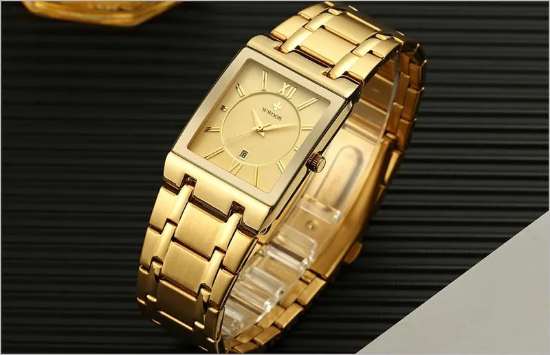 Luxury Fashion Men's Gold Black Square Waterproof Quartz Watches