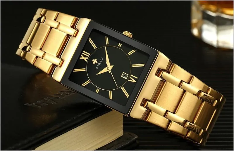 Luxury Fashion Men's Gold Black Square Waterproof Quartz Watches