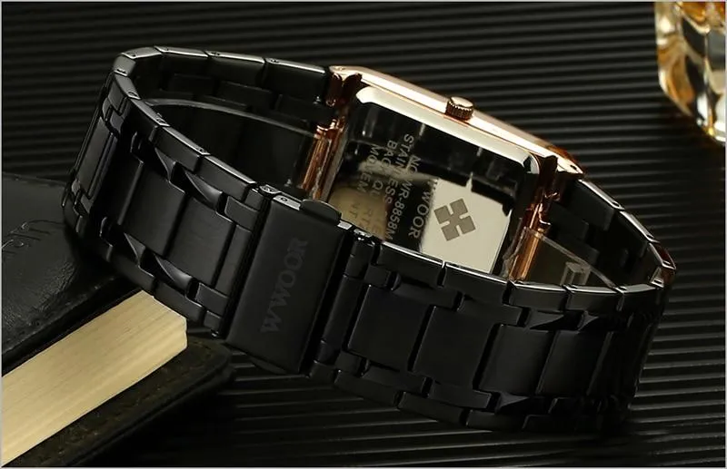 Luxury Fashion Men's Gold Black Square Waterproof Quartz Watches