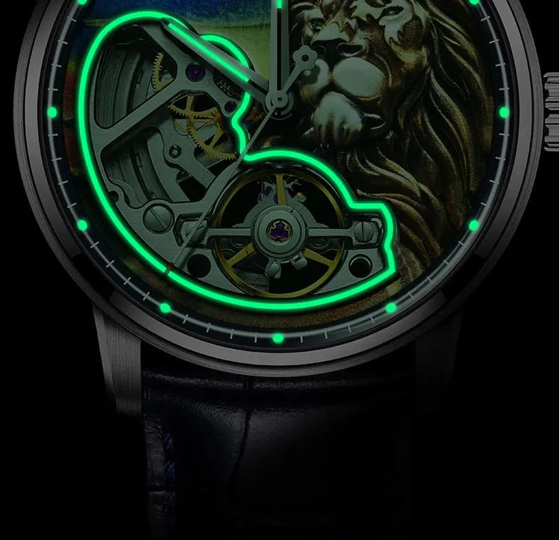 Men's 3D Lion Sapphire Luminous Waterproof Genuine Leather Watch