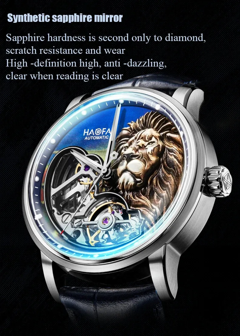 Men's 3D Lion Sapphire Luminous Waterproof Genuine Leather Watch