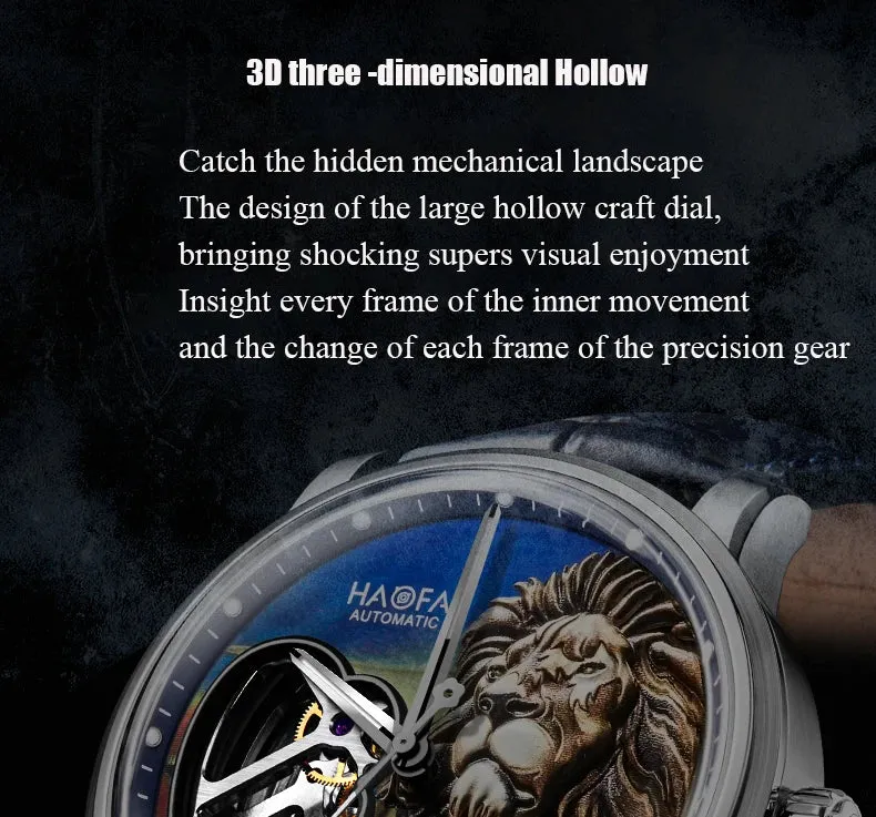 Men's 3D Lion Sapphire Luminous Waterproof Genuine Leather Watch