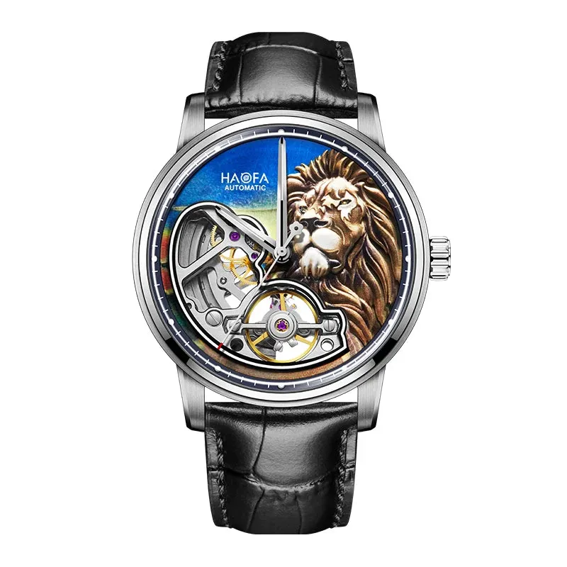 Men's 3D Lion Sapphire Luminous Waterproof Genuine Leather Watch