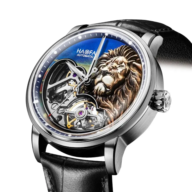 Men's 3D Lion Sapphire Luminous Waterproof Genuine Leather Watch