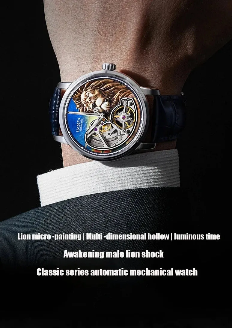 Men's 3D Lion Sapphire Luminous Waterproof Genuine Leather Watch