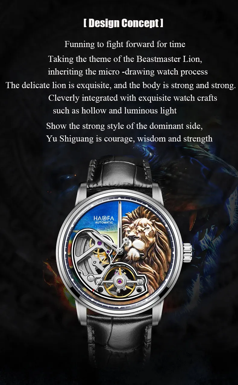 Men's 3D Lion Sapphire Luminous Waterproof Genuine Leather Watch