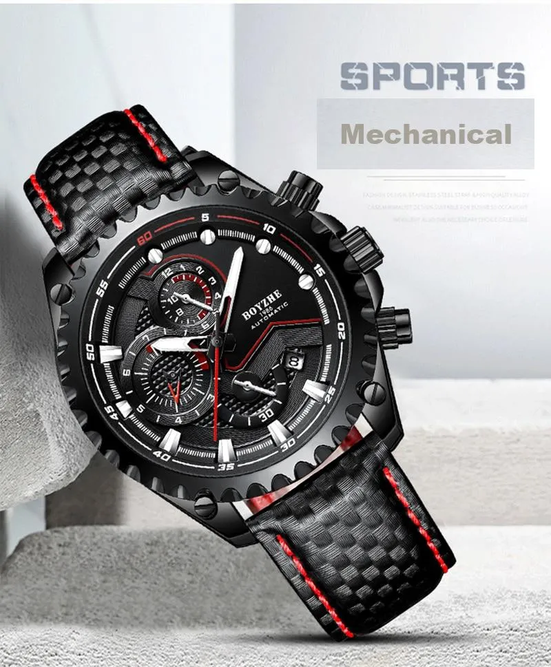 Men's Automatic Mechanical Leather Waterproof Chronograph Sport Wrist Watch