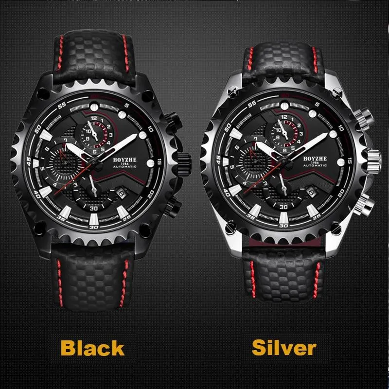 Men's Automatic Mechanical Leather Waterproof Chronograph Sport Wrist Watch