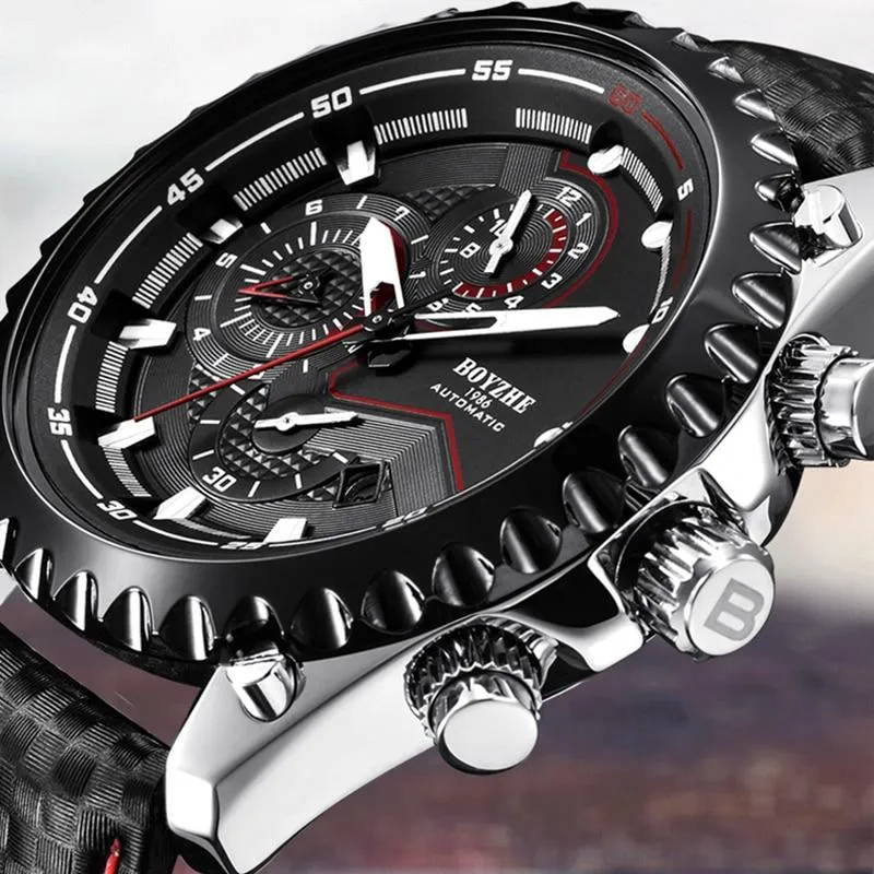 Men's Automatic Mechanical Leather Waterproof Chronograph Sport Wrist Watch