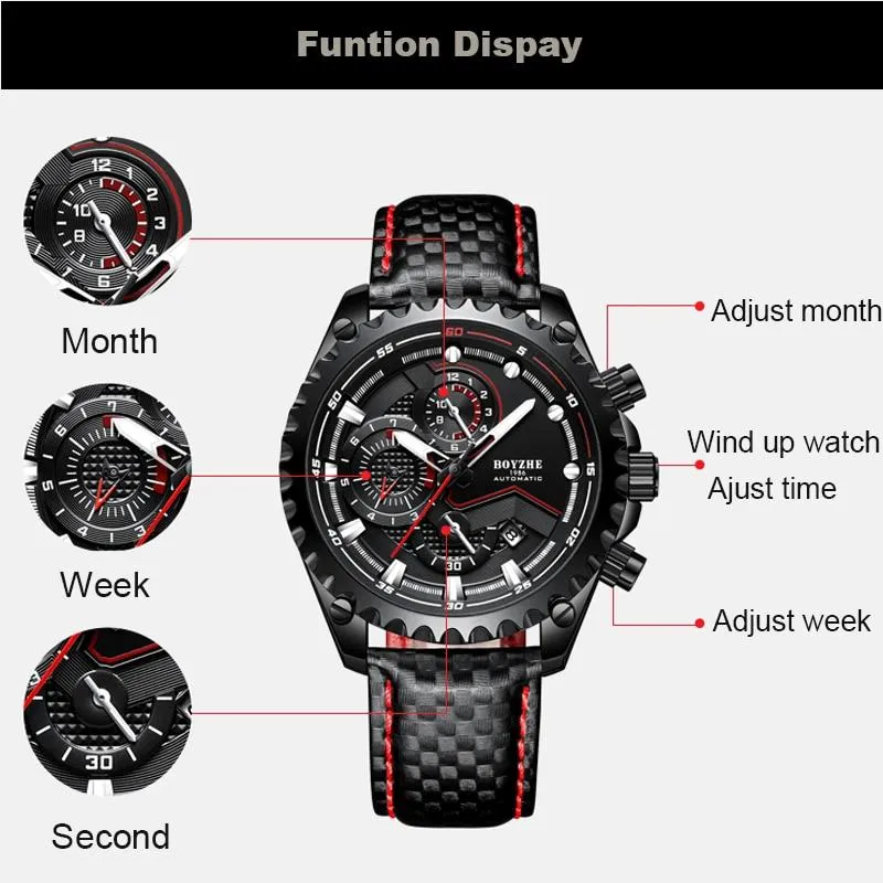 Men's Automatic Mechanical Leather Waterproof Chronograph Sport Wrist Watch