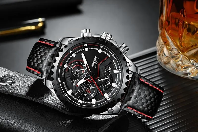 Men's Automatic Mechanical Leather Waterproof Chronograph Sport Wrist Watch