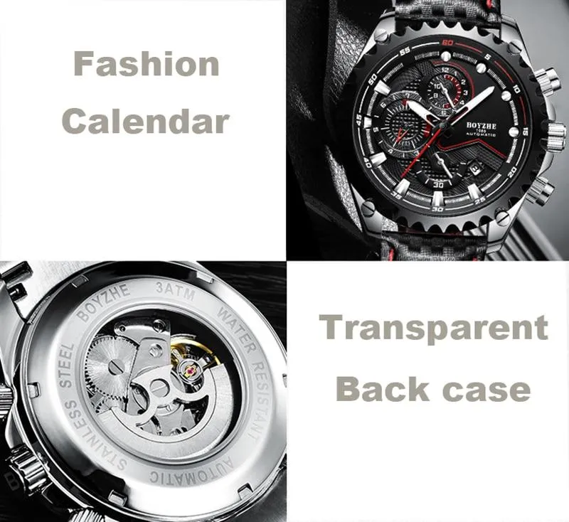 Men's Automatic Mechanical Leather Waterproof Chronograph Sport Wrist Watch