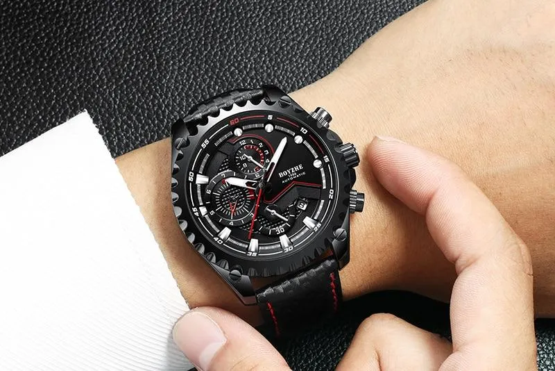 Men's Automatic Mechanical Leather Waterproof Chronograph Sport Wrist Watch