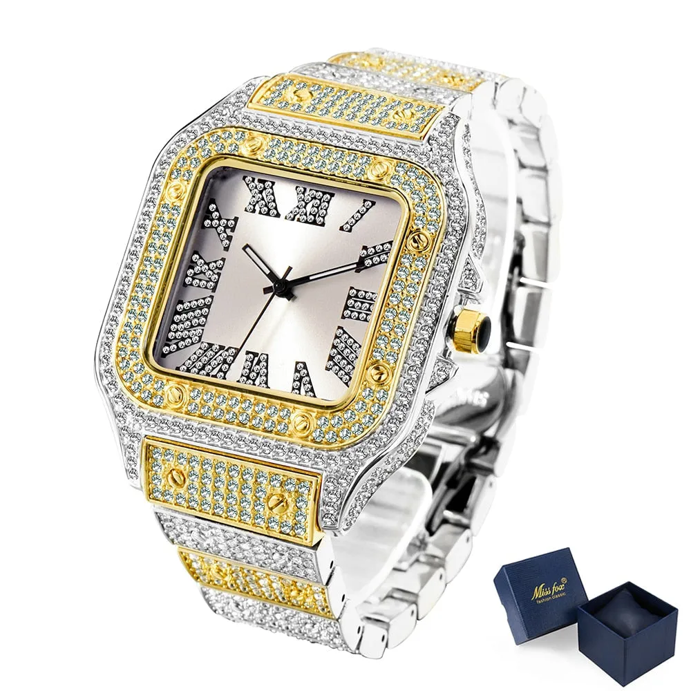 Men's Bling Diamond Iced Out Square Dial Waterproof Quartz Wristwatch