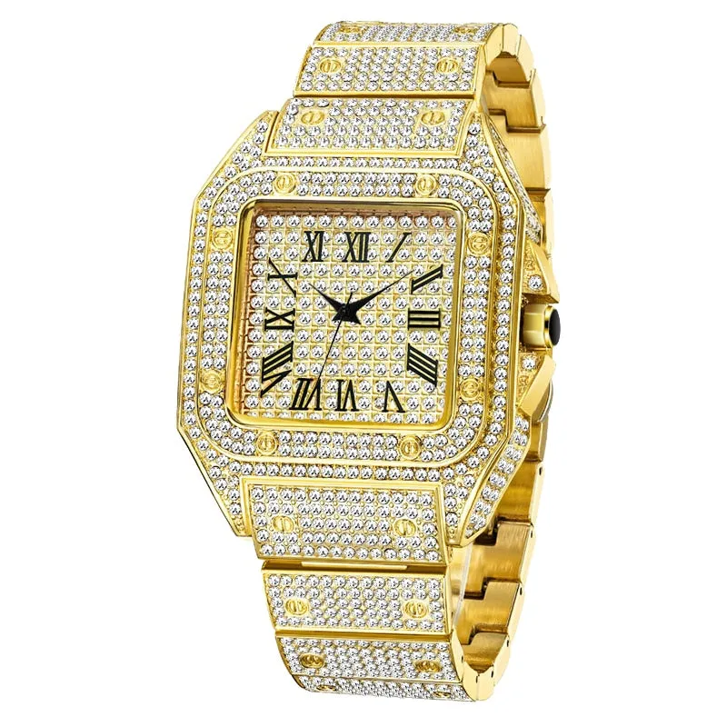 Men's Bling Diamond Iced Out Square Dial Waterproof Quartz Wristwatch