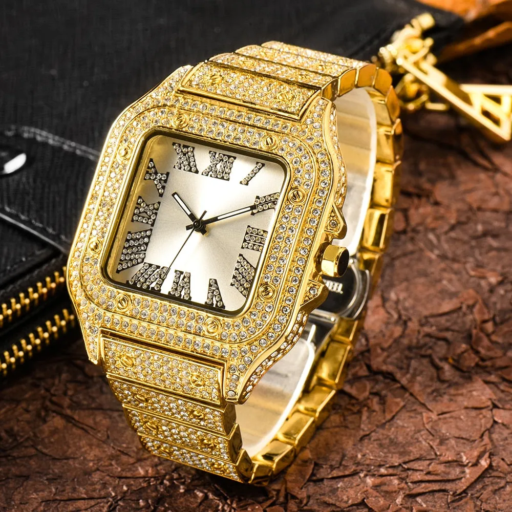 Men's Bling Diamond Iced Out Square Dial Waterproof Quartz Wristwatch