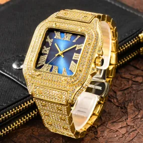 Men's Bling Diamond Iced Out Square Dial Waterproof Quartz Wristwatch