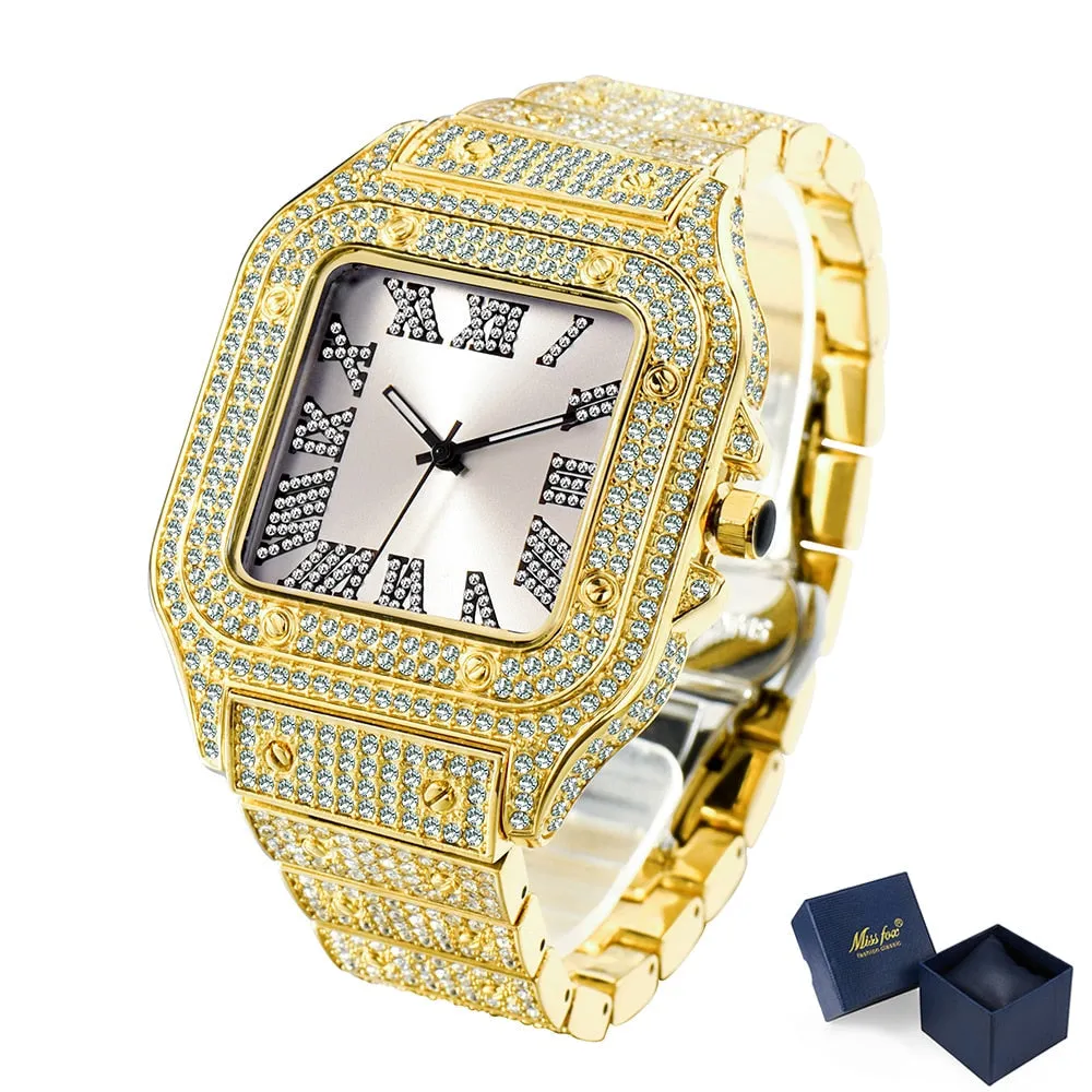 Men's Bling Diamond Iced Out Square Dial Waterproof Quartz Wristwatch