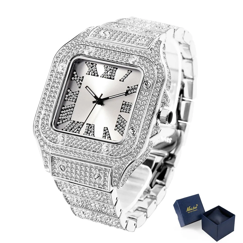 Men's Bling Diamond Iced Out Square Dial Waterproof Quartz Wristwatch