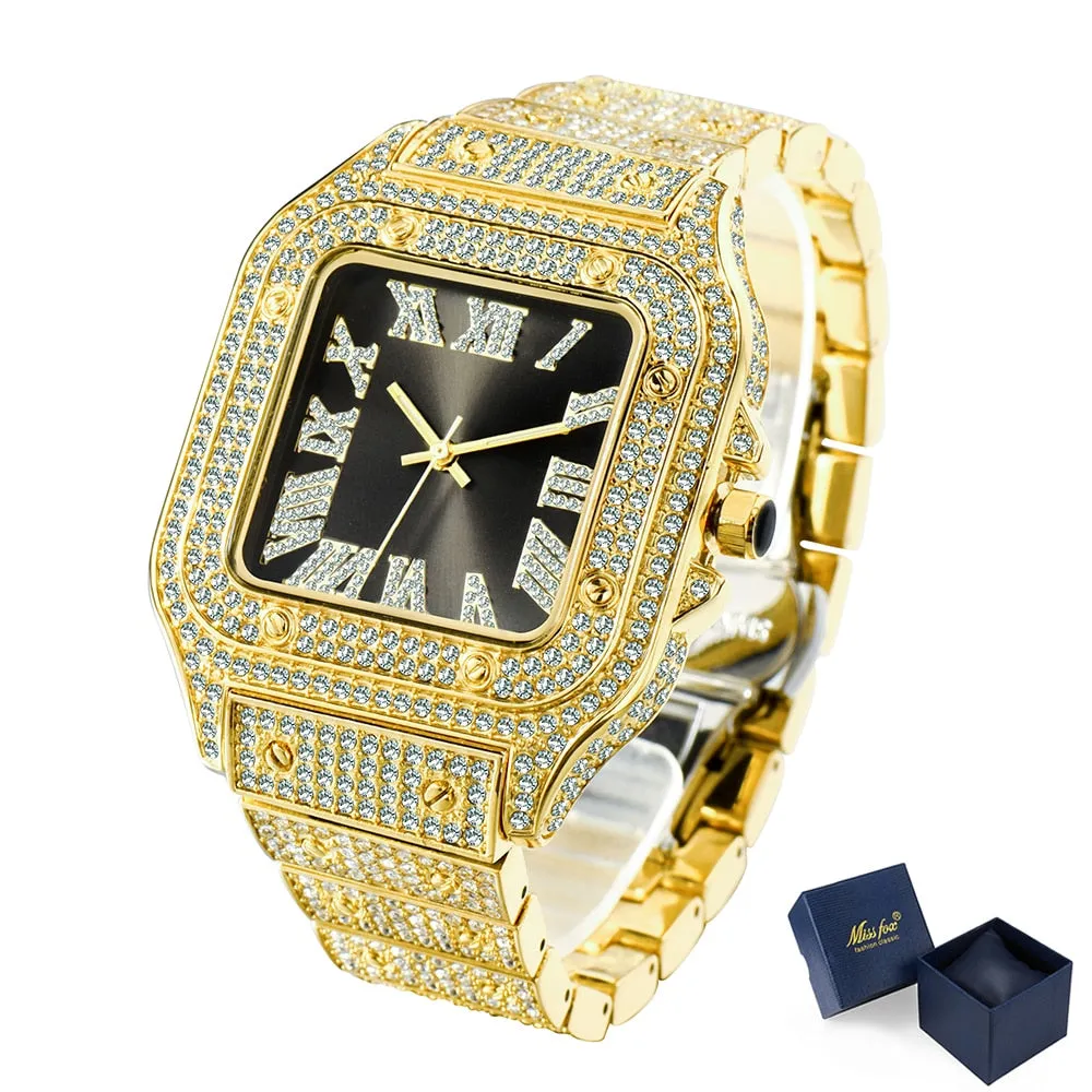 Men's Bling Diamond Iced Out Square Dial Waterproof Quartz Wristwatch