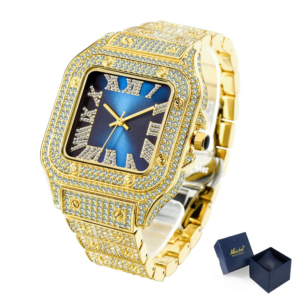 Men's Bling Diamond Iced Out Square Dial Waterproof Quartz Wristwatch