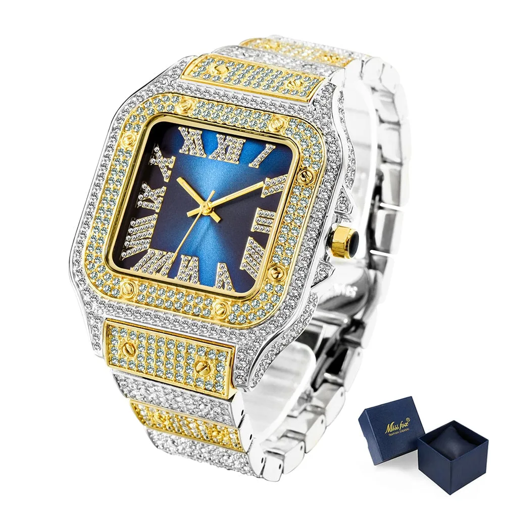 Men's Bling Diamond Iced Out Square Dial Waterproof Quartz Wristwatch