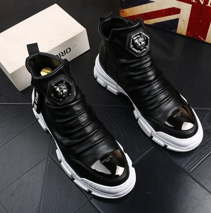 Men's Casual Genuine Leather Height Increasing Waterproof Hi-top Shoe