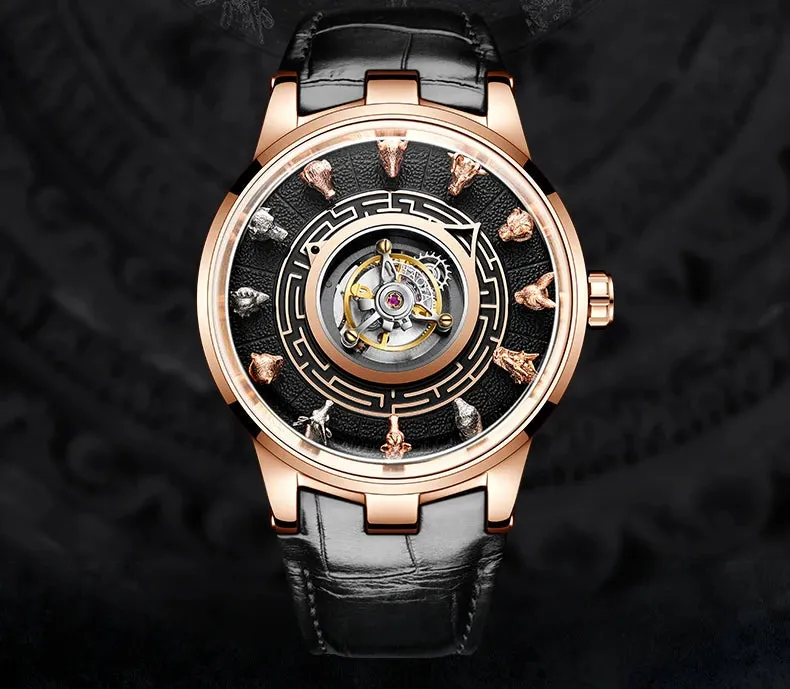 Men's Center Tourbillon 3D Chinese Zodiac Animal Sculpture Waterproof Watch