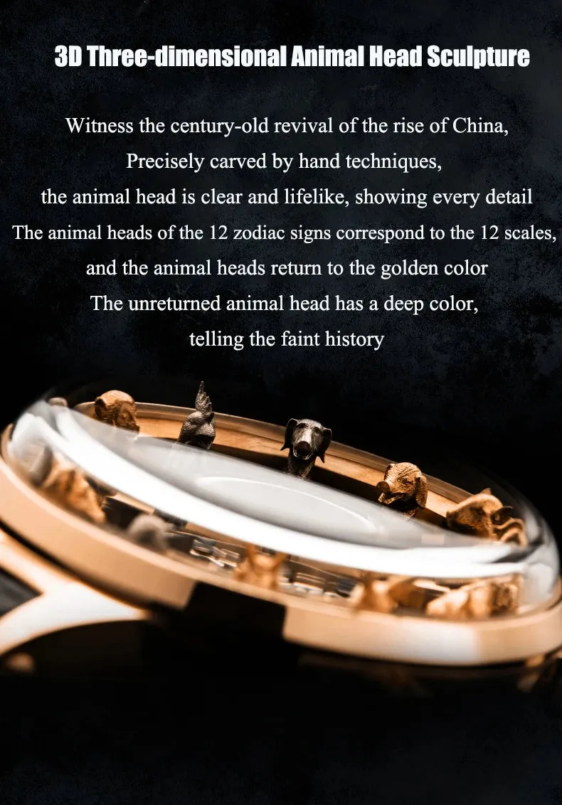 Men's Center Tourbillon 3D Chinese Zodiac Animal Sculpture Waterproof Watch