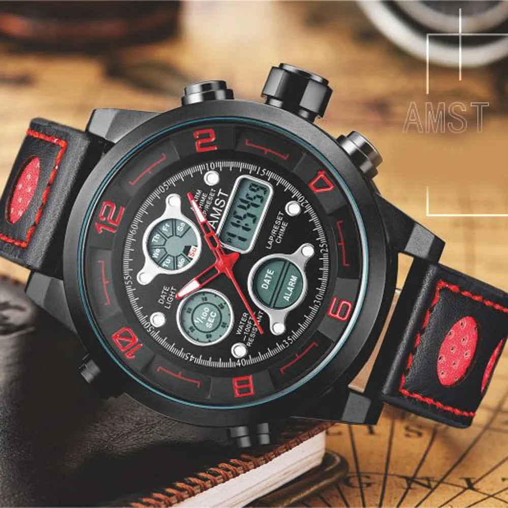 Men's Genuine Leather Digital Analog Waterproof Quartz Wristwatch