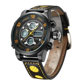 Men's Genuine Leather Digital Analog Waterproof Quartz Wristwatch