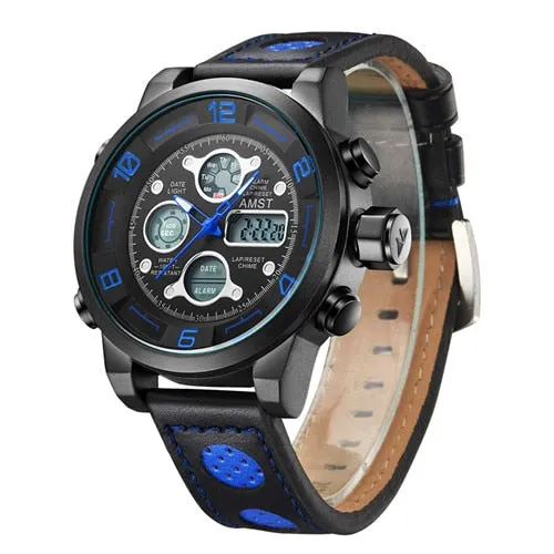 Men's Genuine Leather Digital Analog Waterproof Quartz Wristwatch