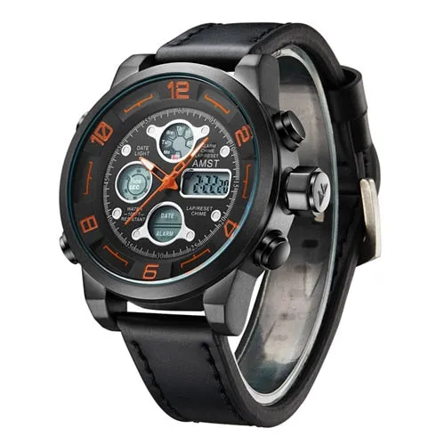 Men's Genuine Leather Digital Analog Waterproof Quartz Wristwatch