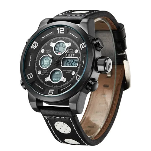 Men's Genuine Leather Digital Analog Waterproof Quartz Wristwatch