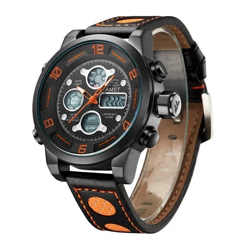 Men's Genuine Leather Digital Analog Waterproof Quartz Wristwatch