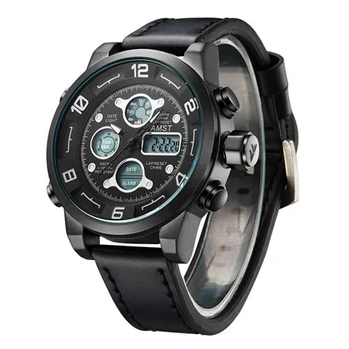 Men's Genuine Leather Digital Analog Waterproof Quartz Wristwatch