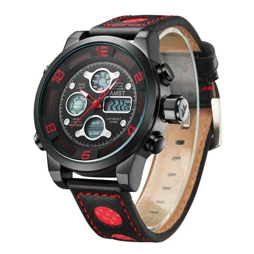 Men's Genuine Leather Digital Analog Waterproof Quartz Wristwatch